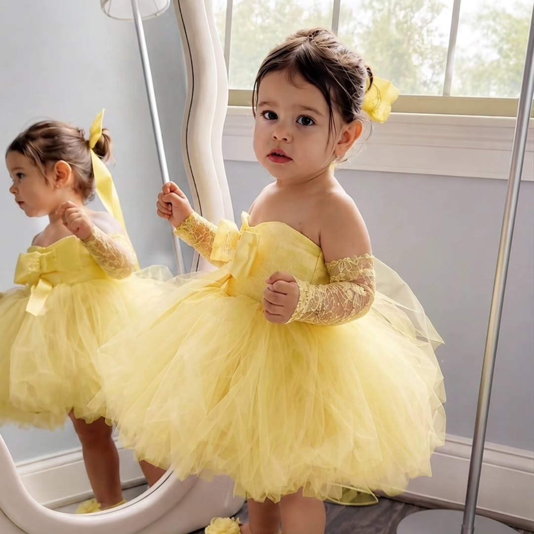 Embroidery Yellow Dress - Sukienka dla dziewczynki na wesele, z