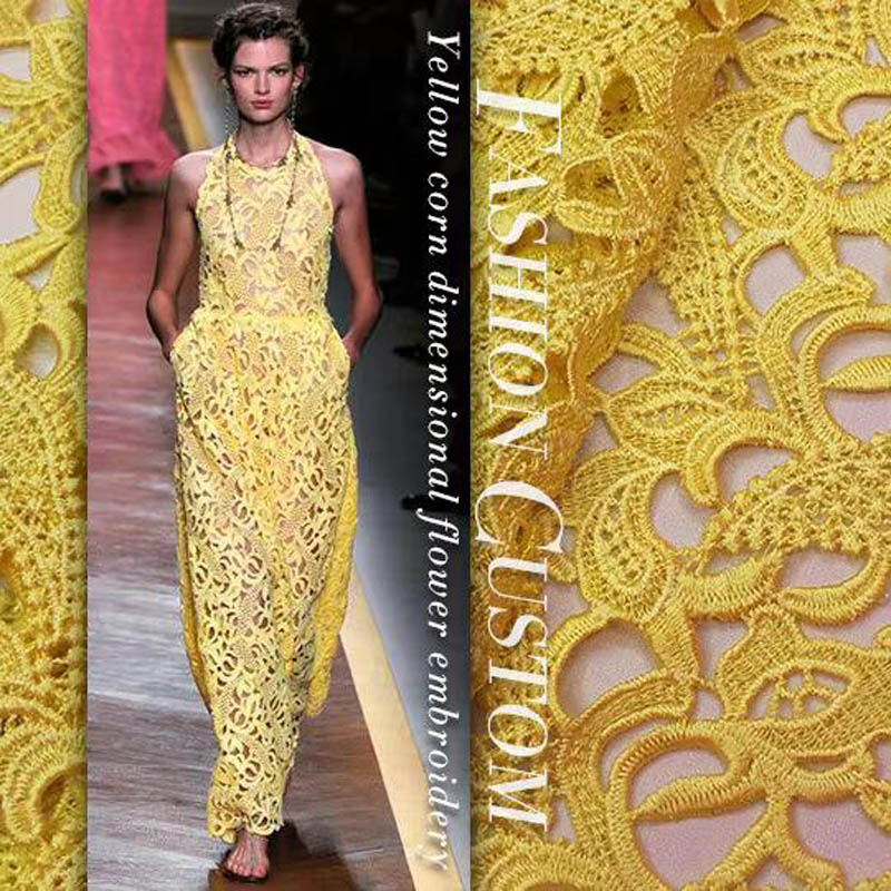 Embroidery Yellow Dress - Wysokiej jakości koronka, żółta, z efektem