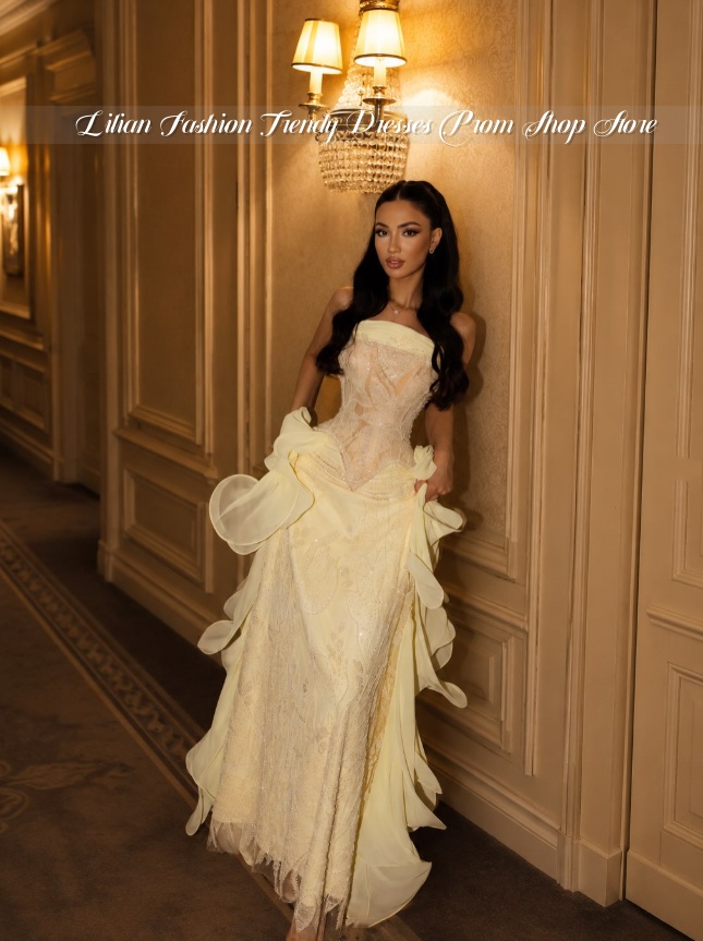 Embroidery Yellow Dress - Jasnożółta suknia balowa bez ramiączek w