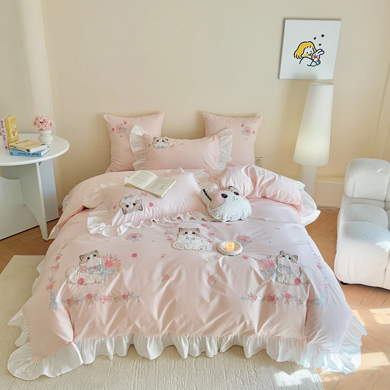 Embroidery Quilt Cover - Różowy Czysta bawełna uroczy haft z