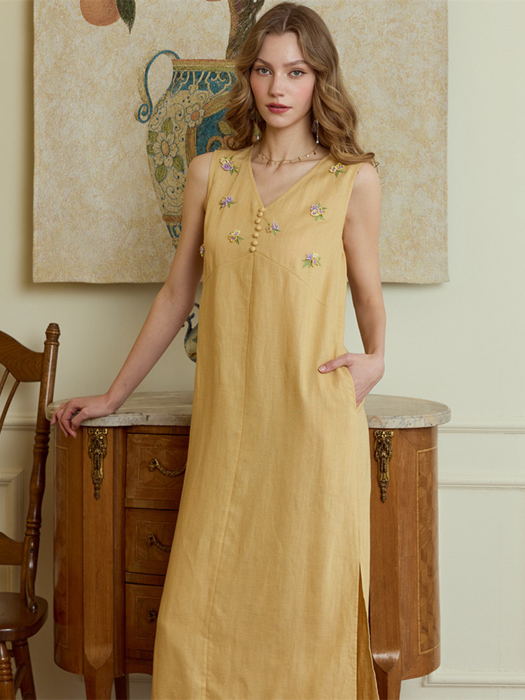 Embroidery Yellow Dress - Sukienki letnie damskie z lnu w