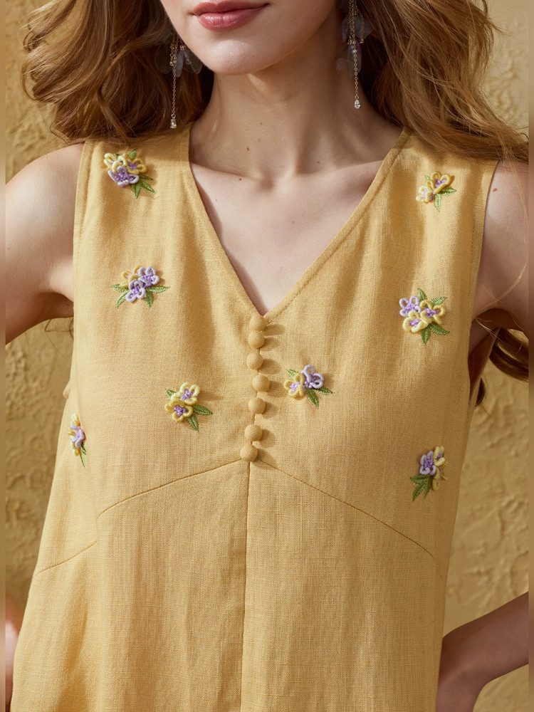 Sukienki letnie damskie z lnu  – Embroidery Yellow Dress recenzja i cena