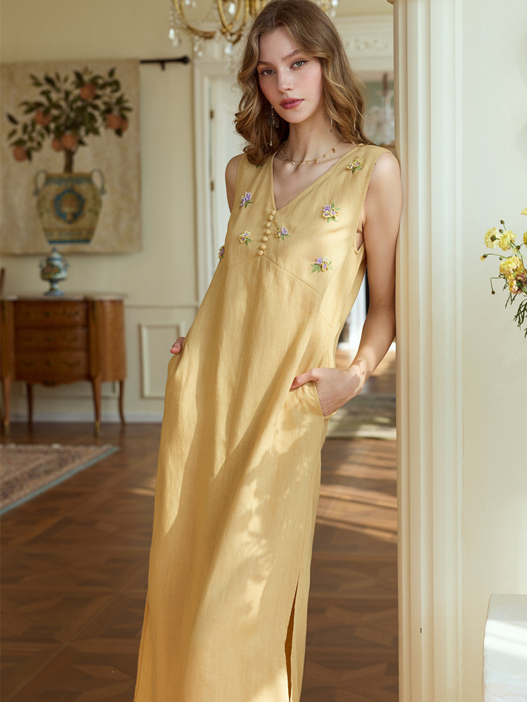 Sukienki letnie damskie z lnu  – Embroidery Yellow Dress recenzja i cena
