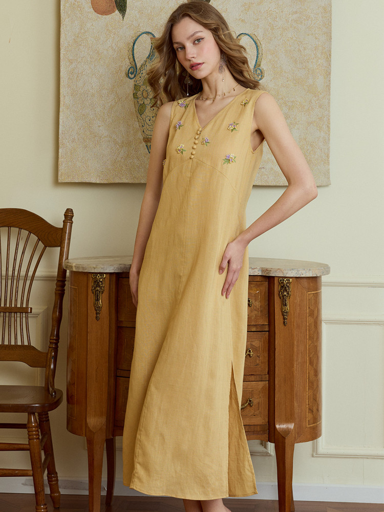 Sukienki letnie damskie z lnu  – Embroidery Yellow Dress recenzja i cena